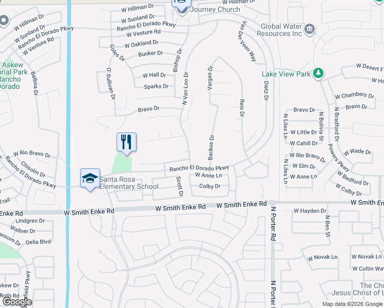 map of restaurants, bars, coffee shops, grocery stores, and more near 21601 North Van Loo Drive in Maricopa