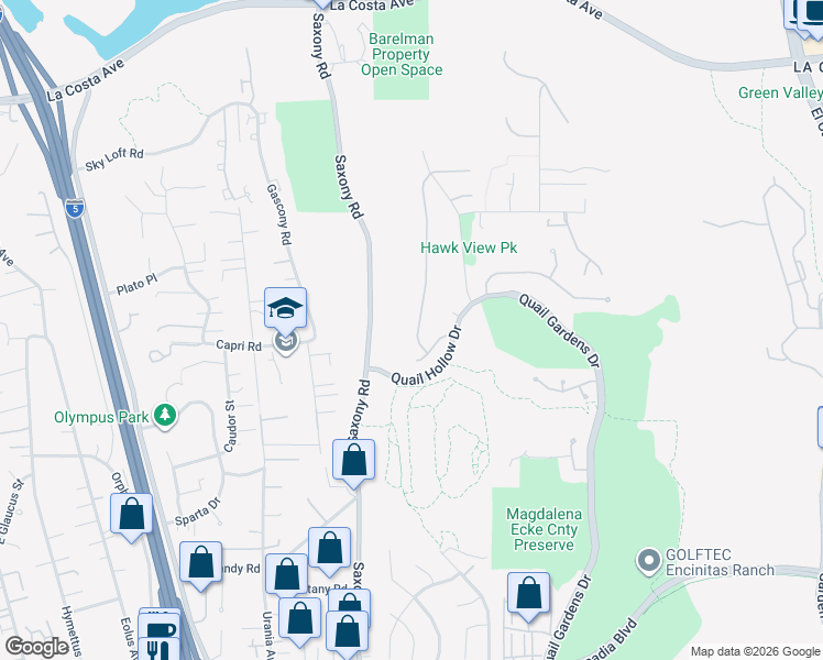 map of restaurants, bars, coffee shops, grocery stores, and more near 1536 Hawk View Drive in Encinitas