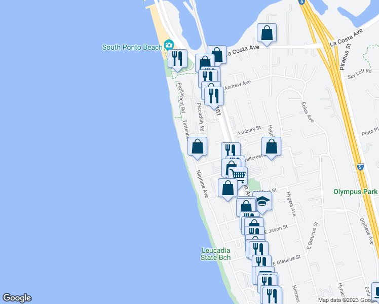 map of restaurants, bars, coffee shops, grocery stores, and more near 1704 Tattenham Road in Encinitas