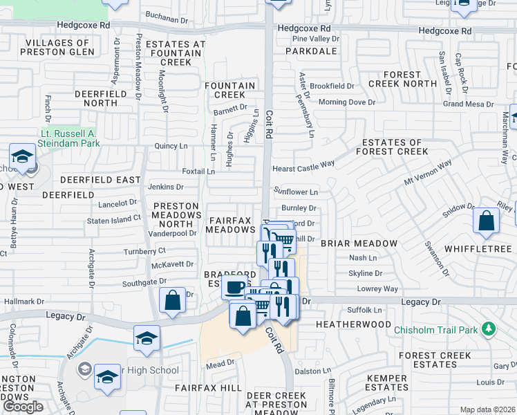 map of restaurants, bars, coffee shops, grocery stores, and more near 7308 Fair Valley Way in Plano