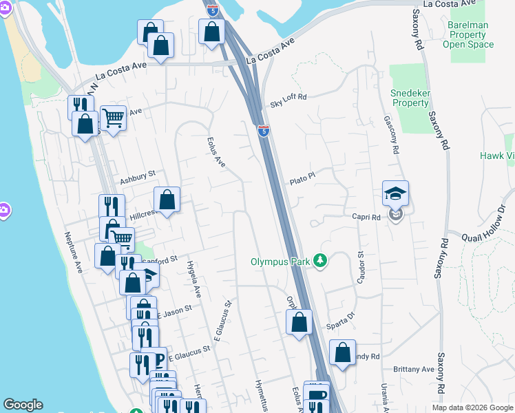 map of restaurants, bars, coffee shops, grocery stores, and more near 1503 Eolus Avenue in Encinitas