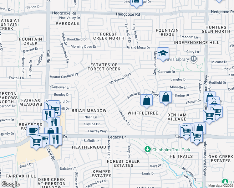 map of restaurants, bars, coffee shops, grocery stores, and more near 7301 White Castle Lane in Plano