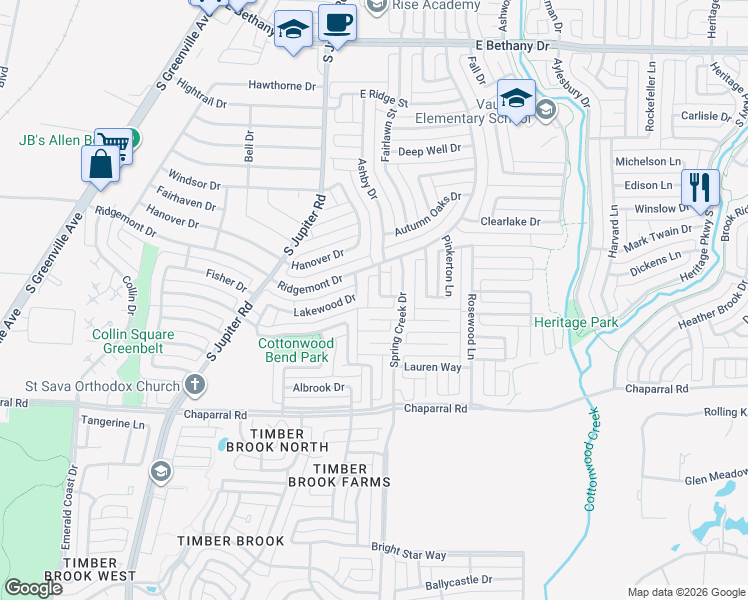 map of restaurants, bars, coffee shops, grocery stores, and more near 1210 Brook Drive in Allen