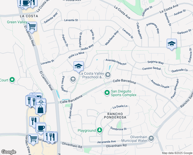 map of restaurants, bars, coffee shops, grocery stores, and more near 2283 Paseo Saucedal in Carlsbad