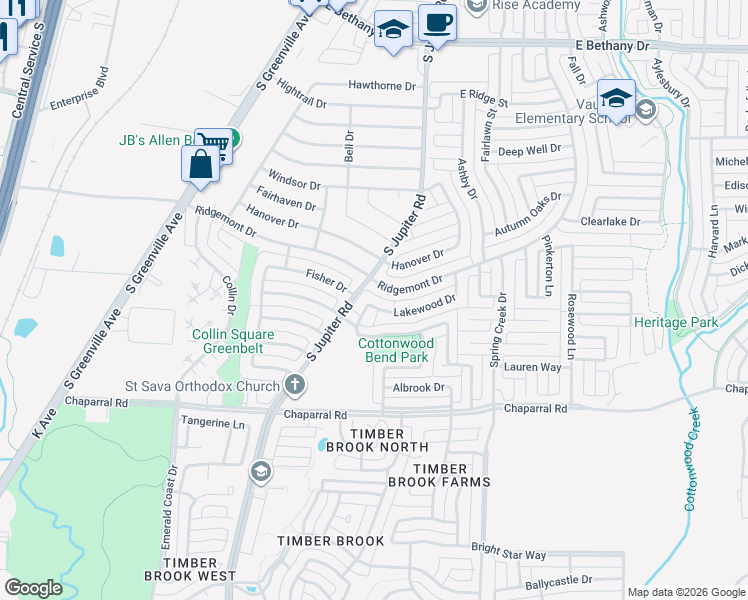 map of restaurants, bars, coffee shops, grocery stores, and more near 1200 Meadowbrook Street in Allen