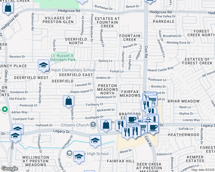 map of restaurants, bars, coffee shops, grocery stores, and more near 4316 Cedar Valley Drive in Plano