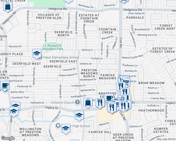 map of restaurants, bars, coffee shops, grocery stores, and more near 4316 Cedar Valley Drive in Plano