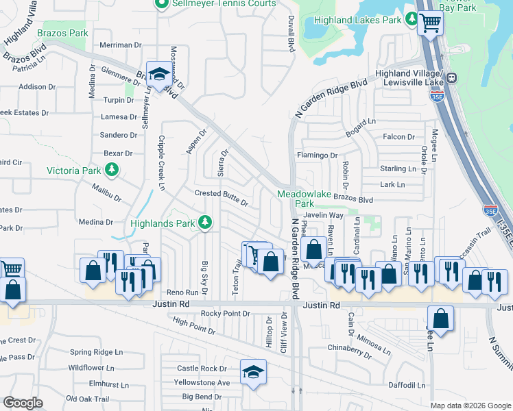 map of restaurants, bars, coffee shops, grocery stores, and more near 2020 Teton Trail in Lewisville