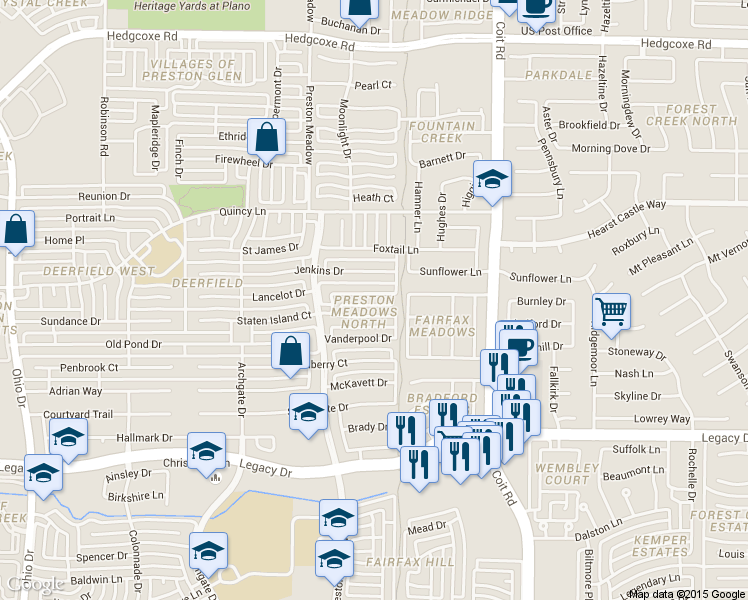 map of restaurants, bars, coffee shops, grocery stores, and more near 4316 Cedar Valley Drive in Plano