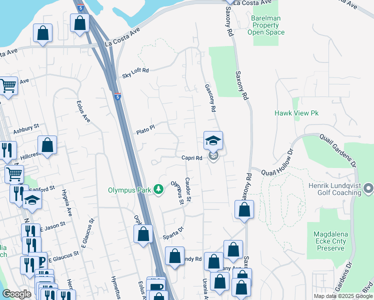 map of restaurants, bars, coffee shops, grocery stores, and more near 856 Capri Road in Encinitas