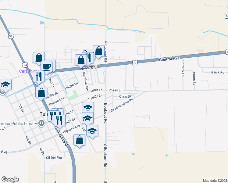 map of restaurants, bars, coffee shops, grocery stores, and more near 604 Posey Lane in Tularosa