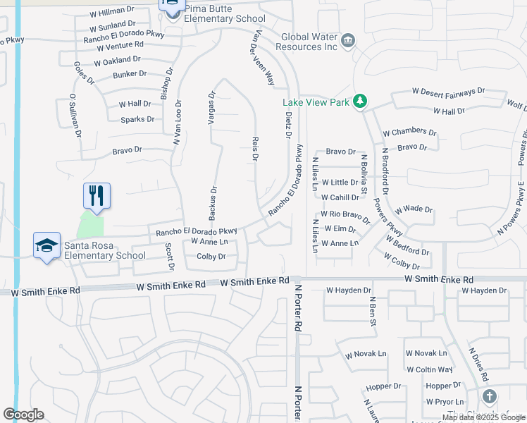 map of restaurants, bars, coffee shops, grocery stores, and more near 21603 Dietz Drive in Maricopa