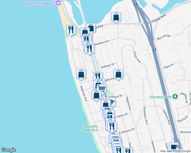 map of restaurants, bars, coffee shops, grocery stores, and more near 1660 North Coast Highway 101 in Encinitas
