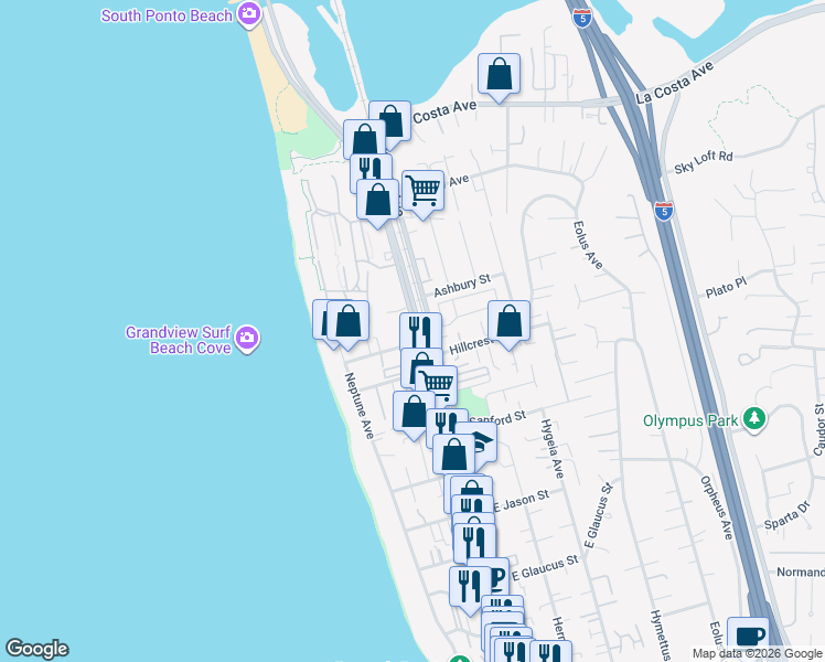 map of restaurants, bars, coffee shops, grocery stores, and more near 1650 North Coast Highway 101 in Encinitas