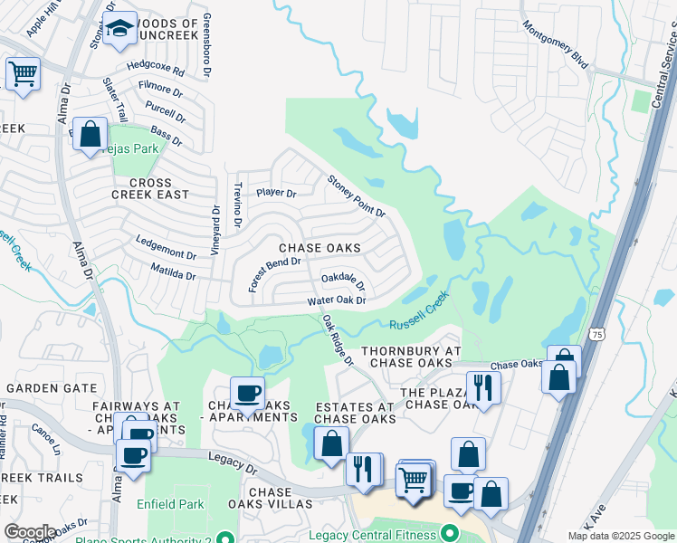 map of restaurants, bars, coffee shops, grocery stores, and more near 665 Oakdale Drive in Plano