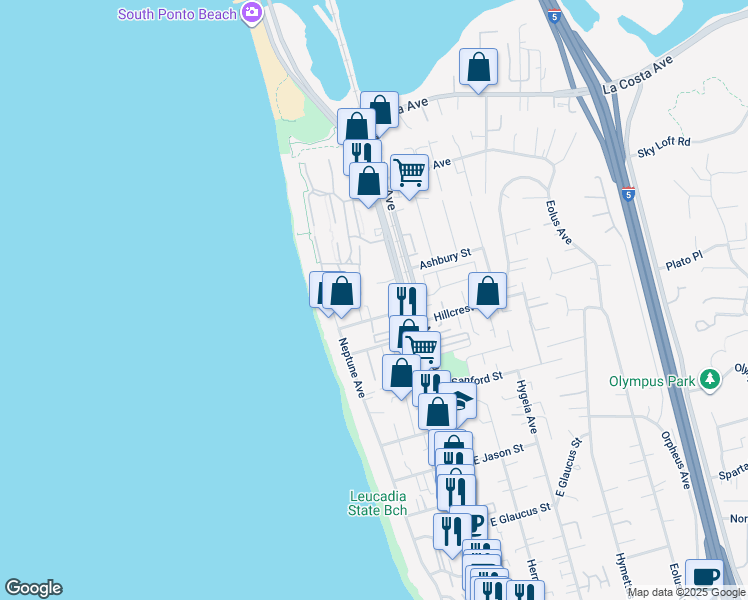 map of restaurants, bars, coffee shops, grocery stores, and more near 142 Grandview Street in Encinitas