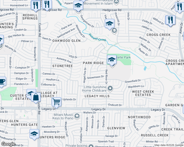 map of restaurants, bars, coffee shops, grocery stores, and more near 1740 Steamboat Drive in Plano