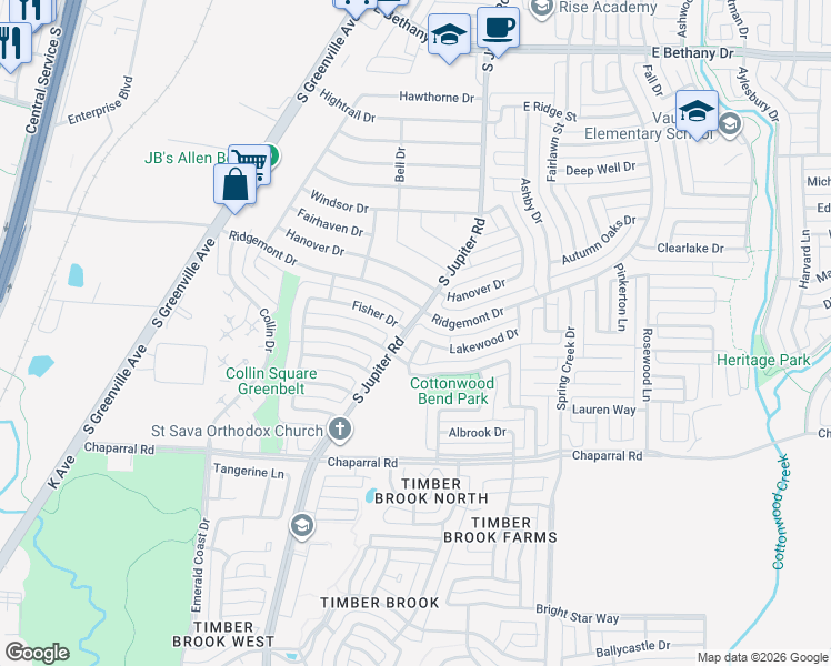 map of restaurants, bars, coffee shops, grocery stores, and more near 1200 Meadowbrook Street in Allen