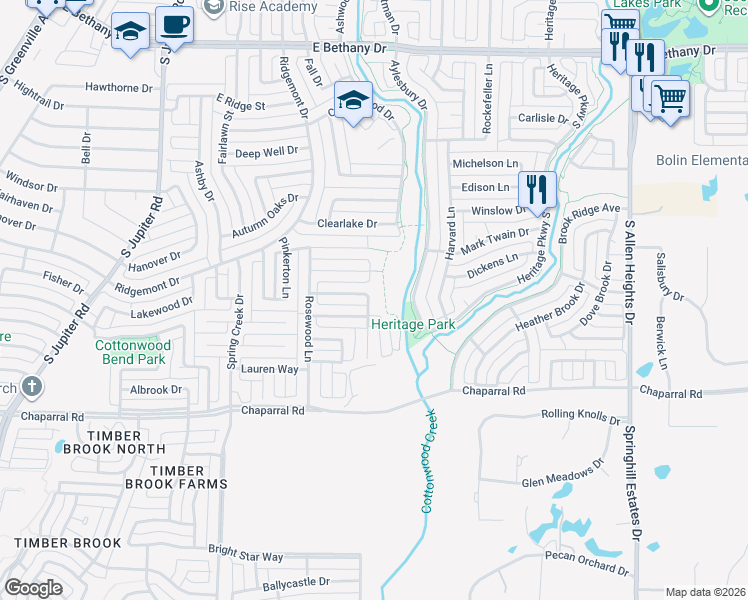 map of restaurants, bars, coffee shops, grocery stores, and more near 1303 Red Tip Drive in Allen