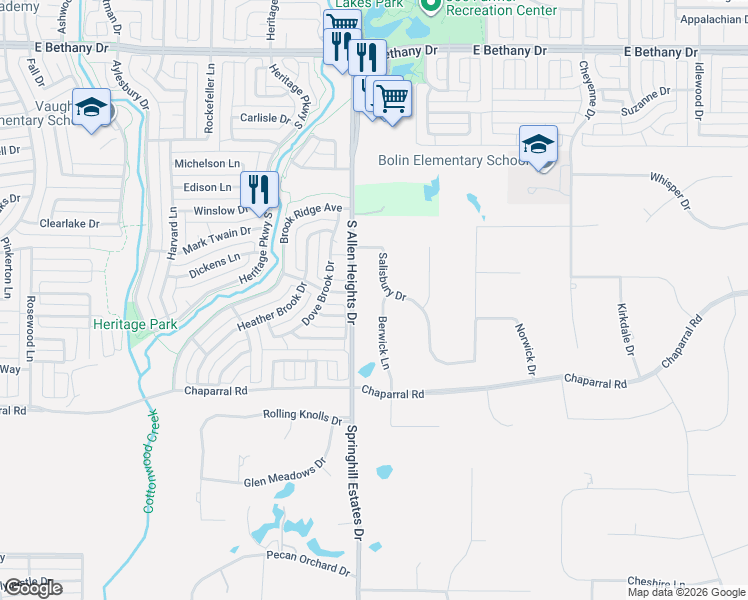 map of restaurants, bars, coffee shops, grocery stores, and more near 5305 Berwick Lane in Allen