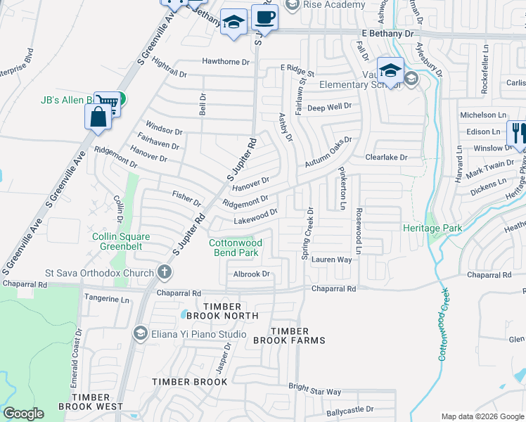 map of restaurants, bars, coffee shops, grocery stores, and more near 625 Lakewood Drive in Allen