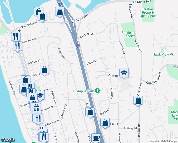 map of restaurants, bars, coffee shops, grocery stores, and more near 1472 Leucadia Village Court in Encinitas