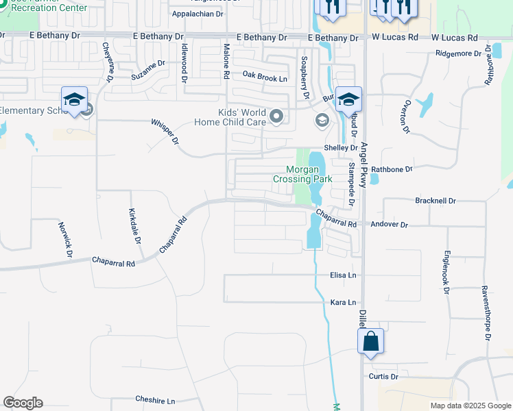 map of restaurants, bars, coffee shops, grocery stores, and more near 1623 Burberry Drive in Allen