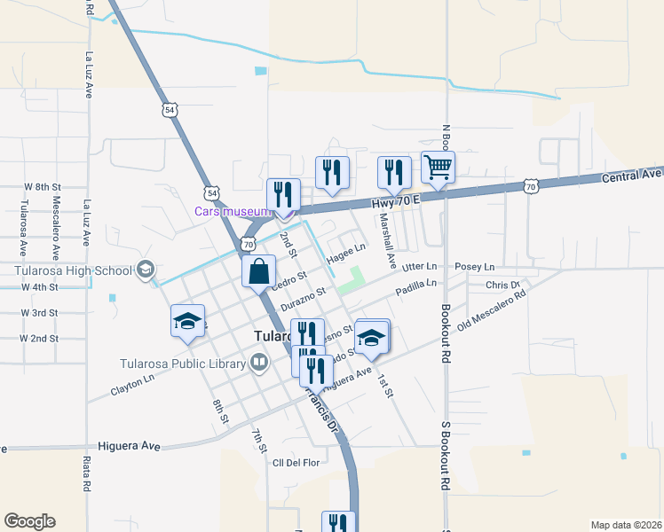 map of restaurants, bars, coffee shops, grocery stores, and more near 900 1st Street in Tularosa