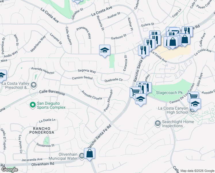 map of restaurants, bars, coffee shops, grocery stores, and more near 7873 Paseo Almendro in Carlsbad