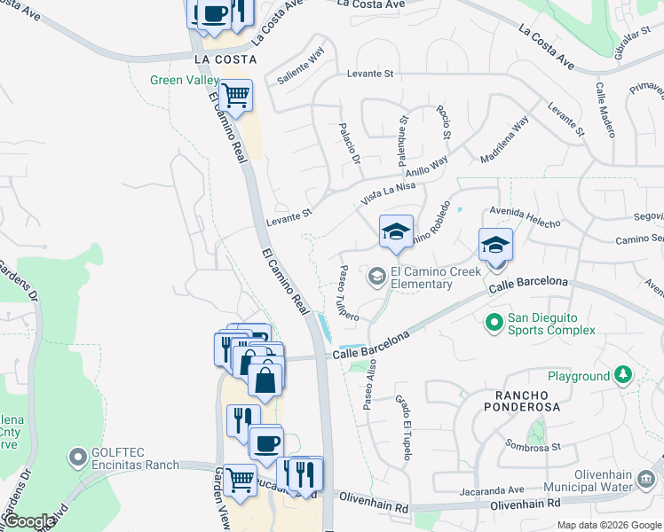 map of restaurants, bars, coffee shops, grocery stores, and more near 2146 Corte Moral in Carlsbad