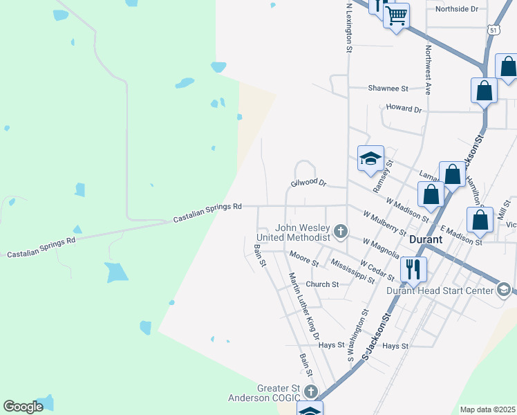map of restaurants, bars, coffee shops, grocery stores, and more near Bain Street in Durant
