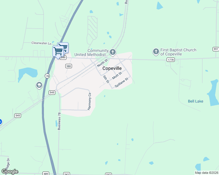 map of restaurants, bars, coffee shops, grocery stores, and more near 5542 Spillane Street in Copeville