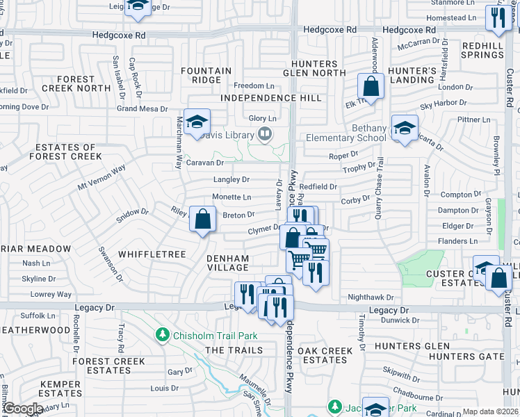 map of restaurants, bars, coffee shops, grocery stores, and more near 3104 Breton Drive in Plano