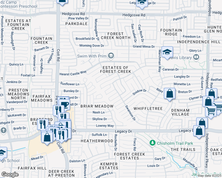 map of restaurants, bars, coffee shops, grocery stores, and more near 3700 Gwinn Court in Plano