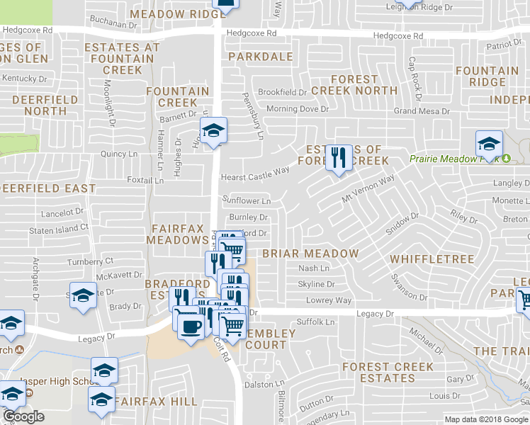map of restaurants, bars, coffee shops, grocery stores, and more near 3916 Burnley Drive in Plano