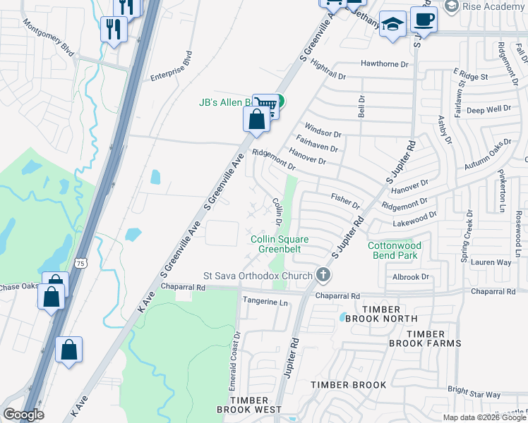 map of restaurants, bars, coffee shops, grocery stores, and more near 22 Brewster Court in Allen