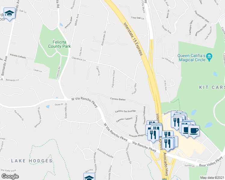 map of restaurants, bars, coffee shops, grocery stores, and more near 2932 Panorama Crest in Escondido