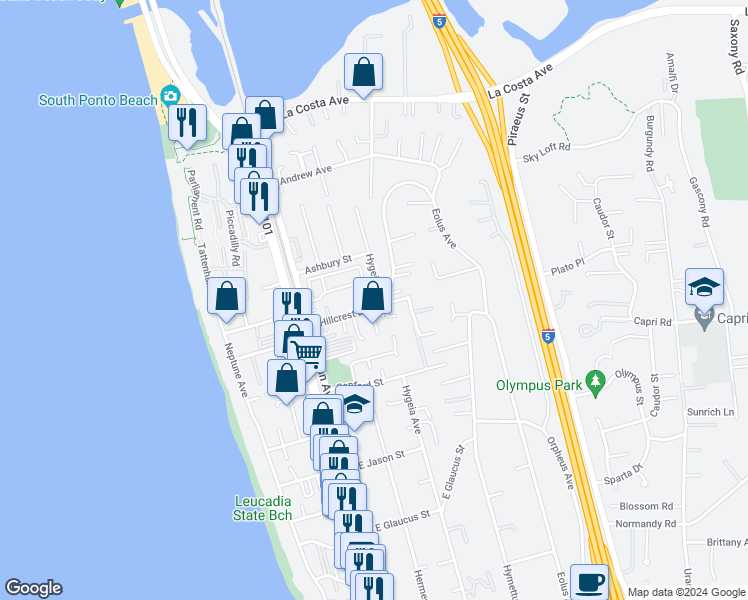 map of restaurants, bars, coffee shops, grocery stores, and more near 260 Hillcrest Drive in Encinitas