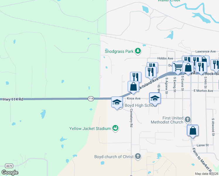map of restaurants, bars, coffee shops, grocery stores, and more near 539 Texas 114 in Boyd