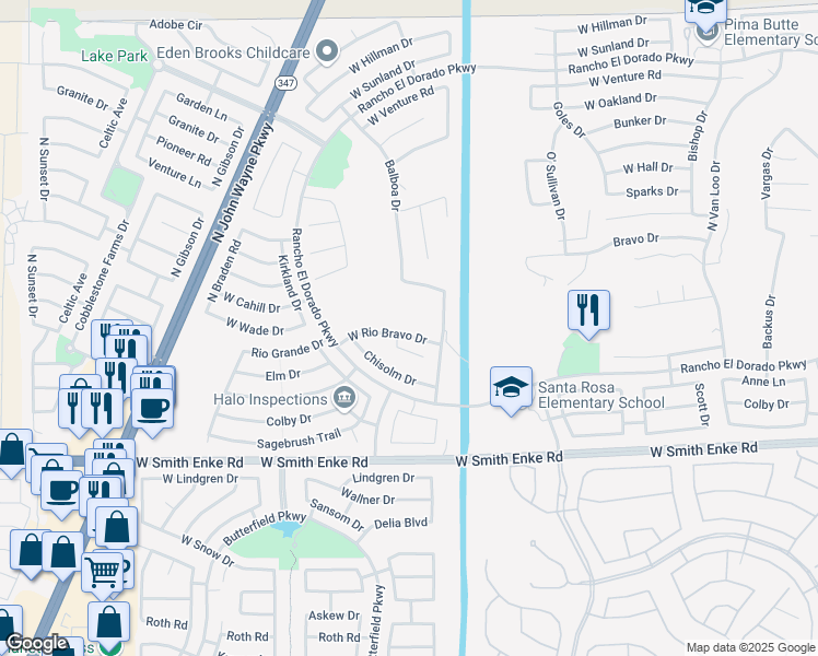 map of restaurants, bars, coffee shops, grocery stores, and more near 43278 West Rio Bravo Drive in Maricopa