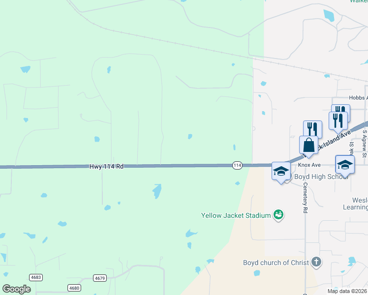map of restaurants, bars, coffee shops, grocery stores, and more near 2971 East State Highway 114 in Boyd