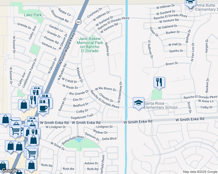 map of restaurants, bars, coffee shops, grocery stores, and more near 43310 West Rio Bravo Drive in Maricopa