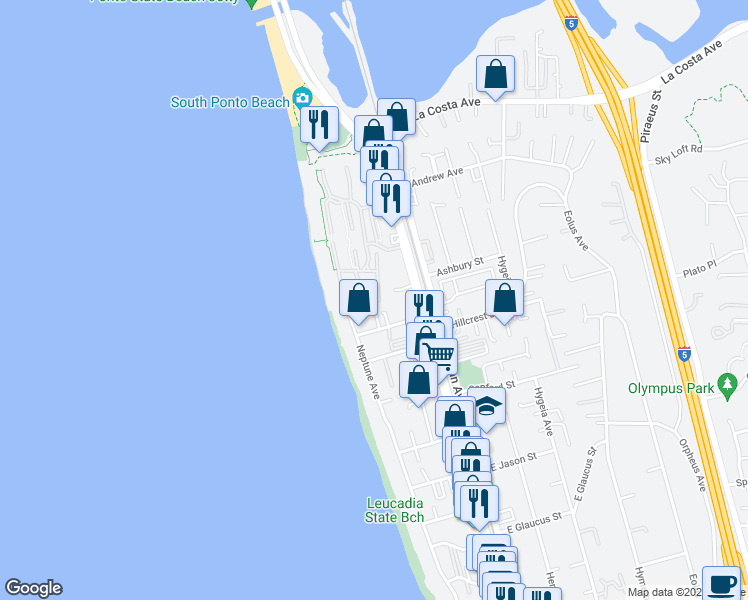 map of restaurants, bars, coffee shops, grocery stores, and more near 1712 Kennington Road in Encinitas