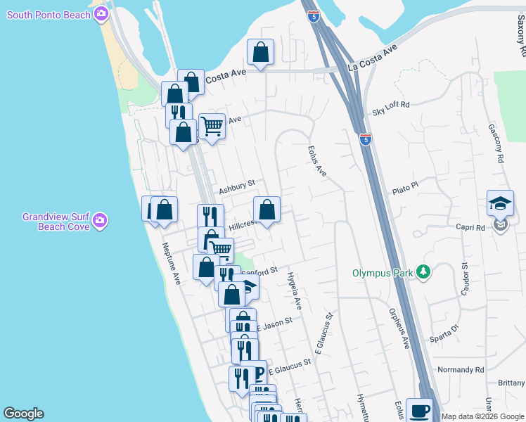 map of restaurants, bars, coffee shops, grocery stores, and more near 258 Hillcrest Drive in Encinitas