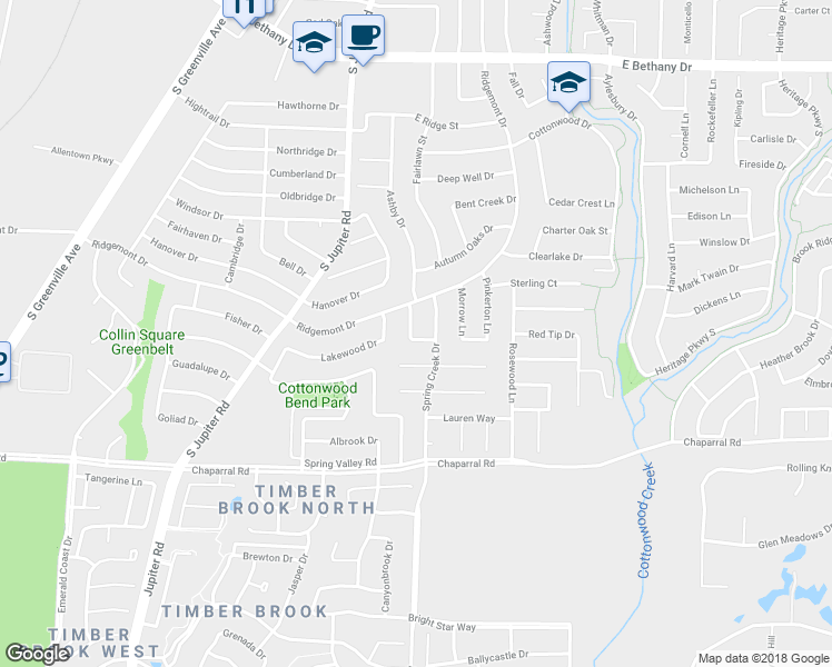 map of restaurants, bars, coffee shops, grocery stores, and more near 1209 Brook Drive in Allen