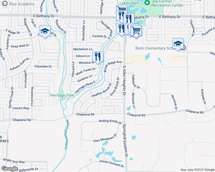 map of restaurants, bars, coffee shops, grocery stores, and more near 1304 Heather Brook Drive in Allen