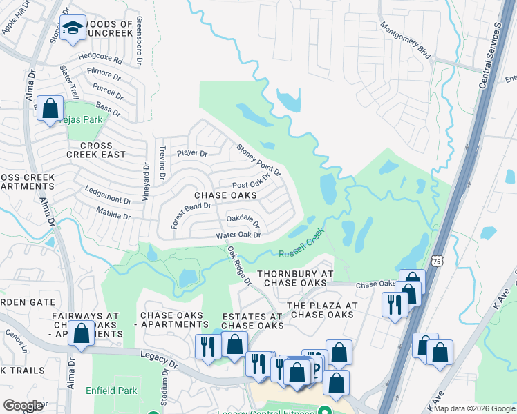 map of restaurants, bars, coffee shops, grocery stores, and more near 7317 Edgewood Drive in Plano