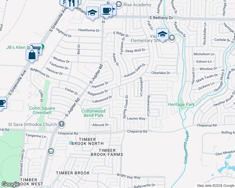 map of restaurants, bars, coffee shops, grocery stores, and more near 1210 Brook Drive in Allen