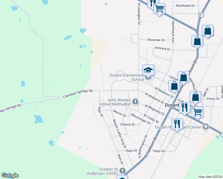 map of restaurants, bars, coffee shops, grocery stores, and more near 205 Gilwood Drive in Durant