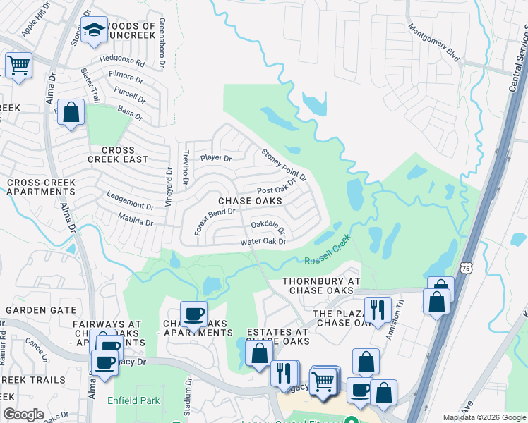 map of restaurants, bars, coffee shops, grocery stores, and more near 665 Oakdale Drive in Plano